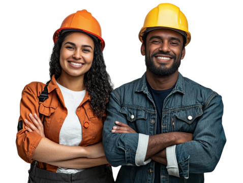 A man and a woman are smiling and posing for a picture. The man is wearing a blue jacket and the woman is wearing an orange shirt