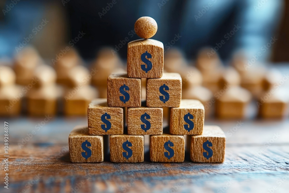 Poster wooden blocks with dollar signs representing business growth and financial success in a conceptual p