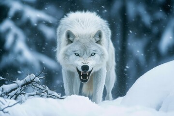 Obraz premium Fierce Arctic Wolf Emerging from Snowy Landscape in Winter Wilderness
