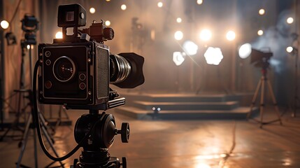 A vintage camera on a tripod, positioned in front of a classic movie set with lighting equipment.