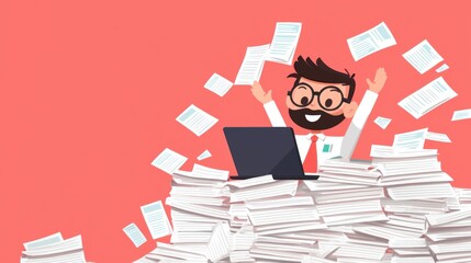 accountants cartoon. A cheerful character surrounded by piles of paperwork, celebrating at a laptop, depicting a humorous take on office work and paperwork chaos.