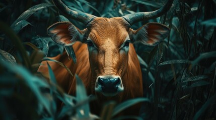 Portrait of a Banteng emerging through lush greenery, showcasing its striking orange coat and prominent horns in a natural wildlife habitat.