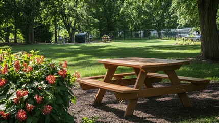 Fototapeta premium Wooden picnic table surrounded by lush green grass and vibrant flowers in a sunny garden, perfect for a summer gathering.