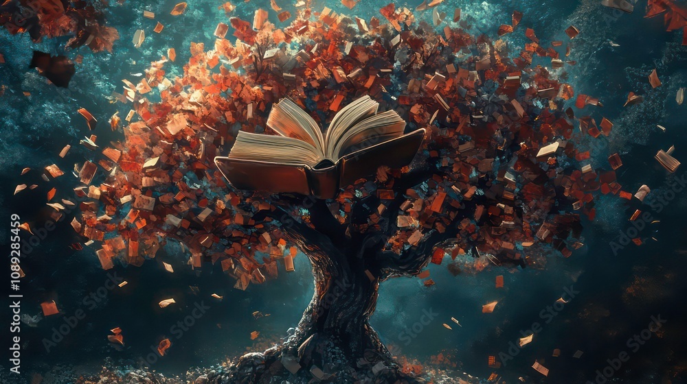 Poster A tree with an open book as its leaves, symbolizing the power of knowledge and imagination.