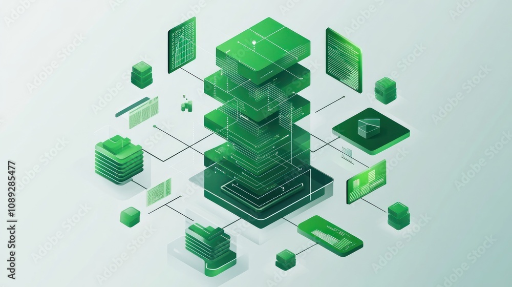 Poster Digital illustration of interconnected data stacks and screens, symbolizing technology and data flow.