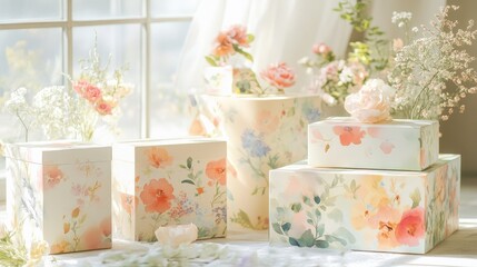 Floral Cardboard Boxes in Soft Pastel Hues Set Against a Bright Airy Background, Featuring Whimsical Watercolor Artistry and Delicate Floral Accents