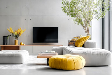Loft interior design of modern living room with grey sofa and yellow pillows
