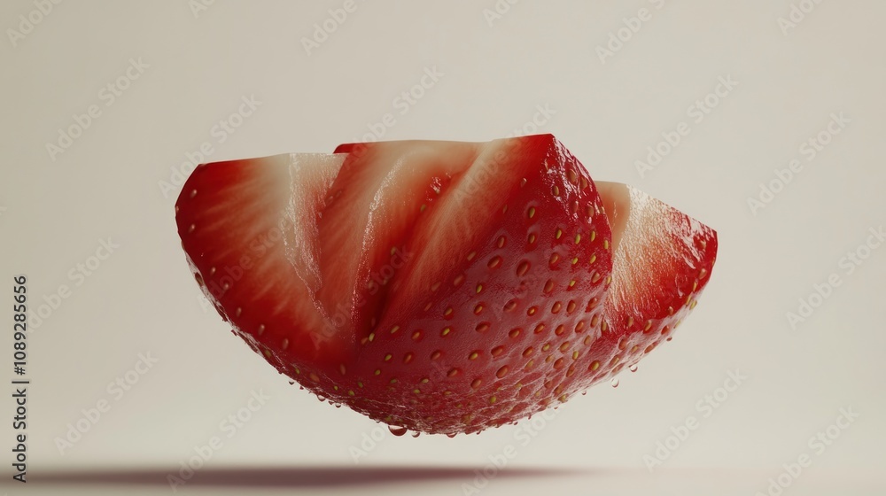 Poster a sliced strawberry floating in the air, showcasing its vibrant color and texture.