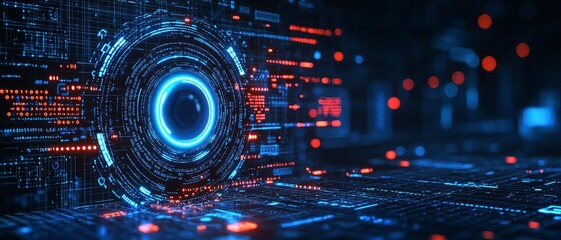 Fototapeta premium Abstract glowing digital profile on blue background with binary code and mockup space