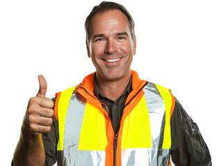 A man wearing a safety vest is giving a thumbs up. He is smiling and he is happy