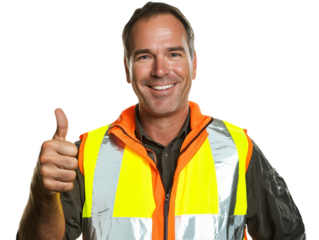 A man wearing a safety vest is giving a thumbs up. He is smiling and he is happy