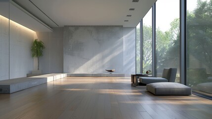 Minimalistic, empty modern room with stylish furniture and neutral tones.

