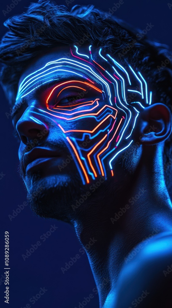 Poster a side profile of a man with neon circuit patterns illuminated on his face.