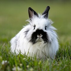 Obraz premium Fluffy bunny in grass. Adorable lionhead rabbit in a field, symbolizing gentleness and purity.