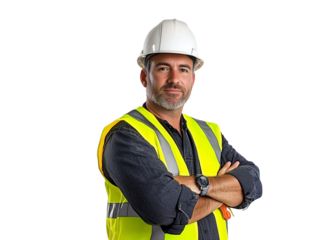A man wearing a yellow vest and a hard hat is standing with his arms crossed. He is a construction worker or a worker in a hazardous environment