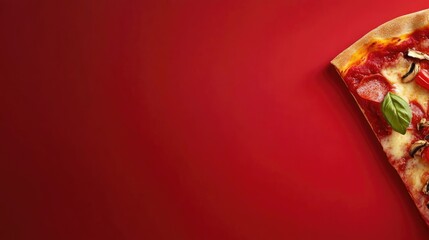 Vibrant red background showcasing a delicious pizza slice with toppings, ideal for a food-themed banner or advertising material.