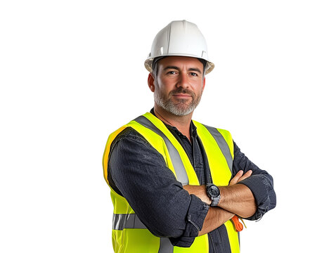 A man wearing a yellow vest and a hard hat is standing with his arms crossed. He is a construction worker or a worker in a hazardous environment