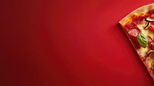 Vibrant red background showcasing a delicious pizza slice with toppings, ideal for a food-themed banner or advertising material.