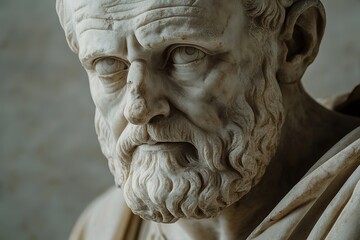 Fototapeta premium Close up Marble sculpture of an old stoic man, possibly representing a roman god, showcasing intricate facial features and a contemplative expression