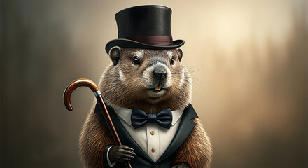 Ground Hog wearing a Top Hat and Bow Tie, Looking Handsome, Sophisticated, Dapper, Gound Hog's Day Image