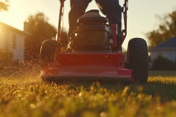 A close-up of a red lawnmower being pushed by a person across a residential lawn at sunset