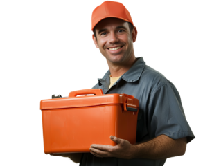 A man is holding an orange toolbox and smiling. He is wearing a blue shirt and a red hat