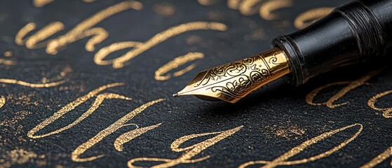 Calligraphy sheets with lettering practice, accented by classic blacks and elegant golds, symbolizing precision and artistic grace