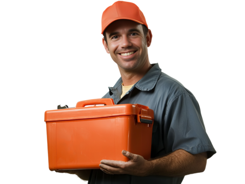 A man is holding an orange toolbox and smiling. He is wearing a blue shirt and a red hat