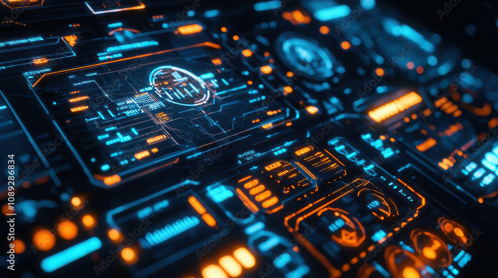 Poster futuristic user interface with glowing digital elements in blue and orange for tech and gaming appli