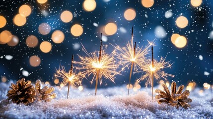 Fototapeta premium Panoramic New Year celebration background with purple firework sparklers amidst snowflakes and bokeh lights against a dark blue night sky.