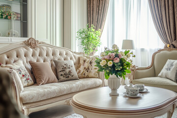 This elegant living room features a tufted sofa with floral and velvet cushions, complemented by a vase of fresh flowers on a white coffee table.