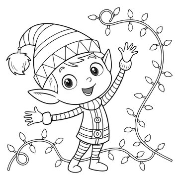 elf waving christmas lights black and white clip art preview