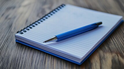 Notepad and blue pen on a rustic wooden table, ideal for corporate meeting preparation in a professional office setting.