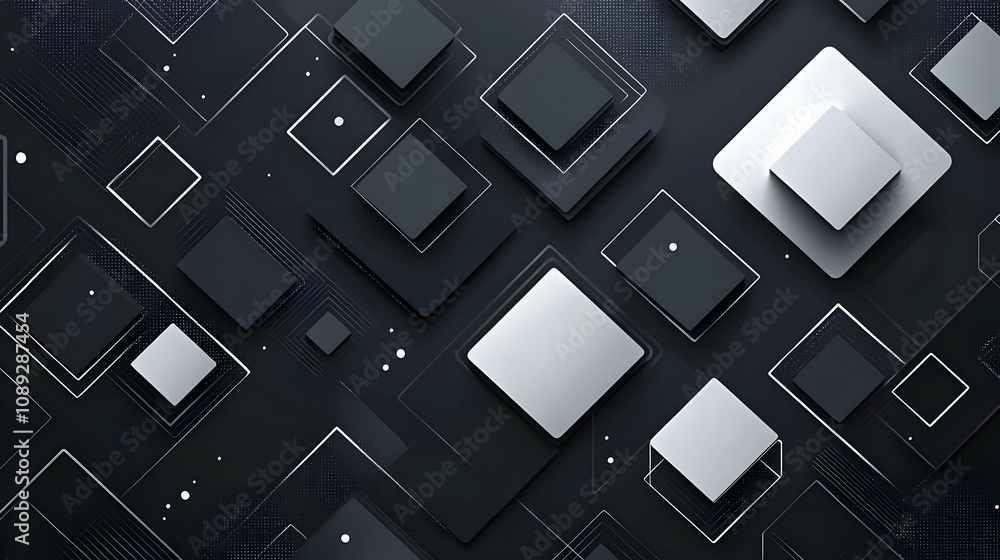Poster abstract dark background with overlapping squares and geometric shapes, creating a modern and techno