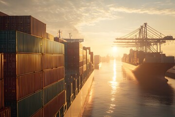 Fototapeta premium Large Container Ships Lined Up in a Container Port – Maritime Trade, Shipping Industry, and Global Logistics