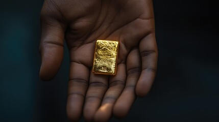 Hand holding a small gold bar symbolizing wealth and investment, highlighting the intricate details of the precious metal against a dark background.