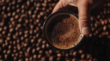 Hand holding a cup of espresso above a bed of roasted coffee beans, showcasing rich froth and editable space for additional text or branding.