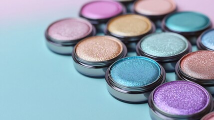 Shimmering Metallic Eyeshadow Palette in Pastel Hues Arranged in Minimalist Composition