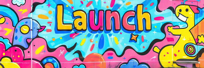 A colorful mural depicting a thriving business, with "Launch" written in bold letters.