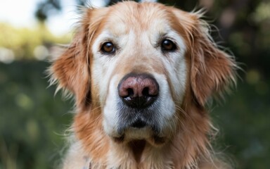 Fototapeta premium Golden retriever portrait. Loyal canine, gentle eyes, heartwarming pet. Shows unconditional love and companionship.