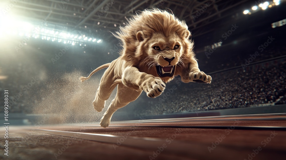 Aufkleber a lion sprinting on a track in a stadium, showcasing speed and power.