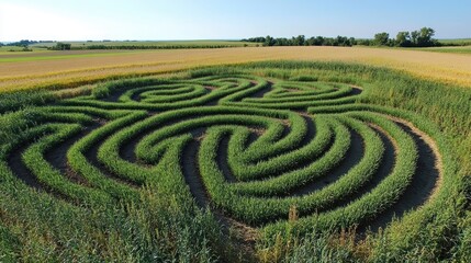 Aerial view of a uniquely designed maze in a lush green field showcasing geometric patterns in no-till farming techniques.