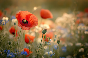 Obraz premium Vibrant red poppies and blue wildflowers create a stunning contrast in a sunlit meadow, evoking a sense of tranquility and natural beauty.