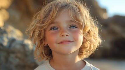 Fototapeta premium Joyful Young Child with Curly Blonde Hair and Bright Blue Eyes Smiling Against a Background of Natural Scenery and Soft Lighting