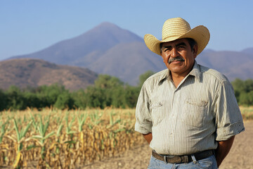 A middle-aged Mexican farmer wearing a straw hat and striped shirt, standing in a field with a mountain range in the background.