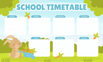 Cute Rabbit Animal with Long Ears Empty Timetable Vector Template