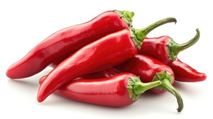 Red chili peppers stacked artistically on a clean white background, showcasing their vibrant color and glossy texture.