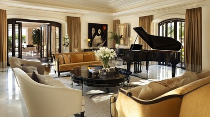 Elegant living room with grand piano and stylish furnishings.