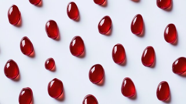 Scattered red droplets resembling blood on a smooth white surface, featuring a glossy finish and varied shapes for visual interest.