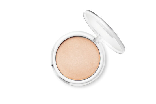 Compact make up powder or highlighter isolated on white or transparent background top view